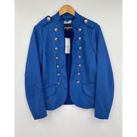 Molly Bracken Military Jacket Gold Button Cobalt Faux Suede Blue Large NEW - Picture 1 of 5